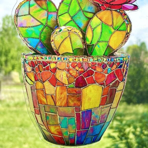 Vibrant 2D Acrylic Potted Flowering Cactus Cacti Sun Catcher Window Hanging New - Picture 2 of 3